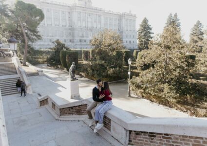 varuun's surprise proposal at the royal palace gardens of madrid, spain