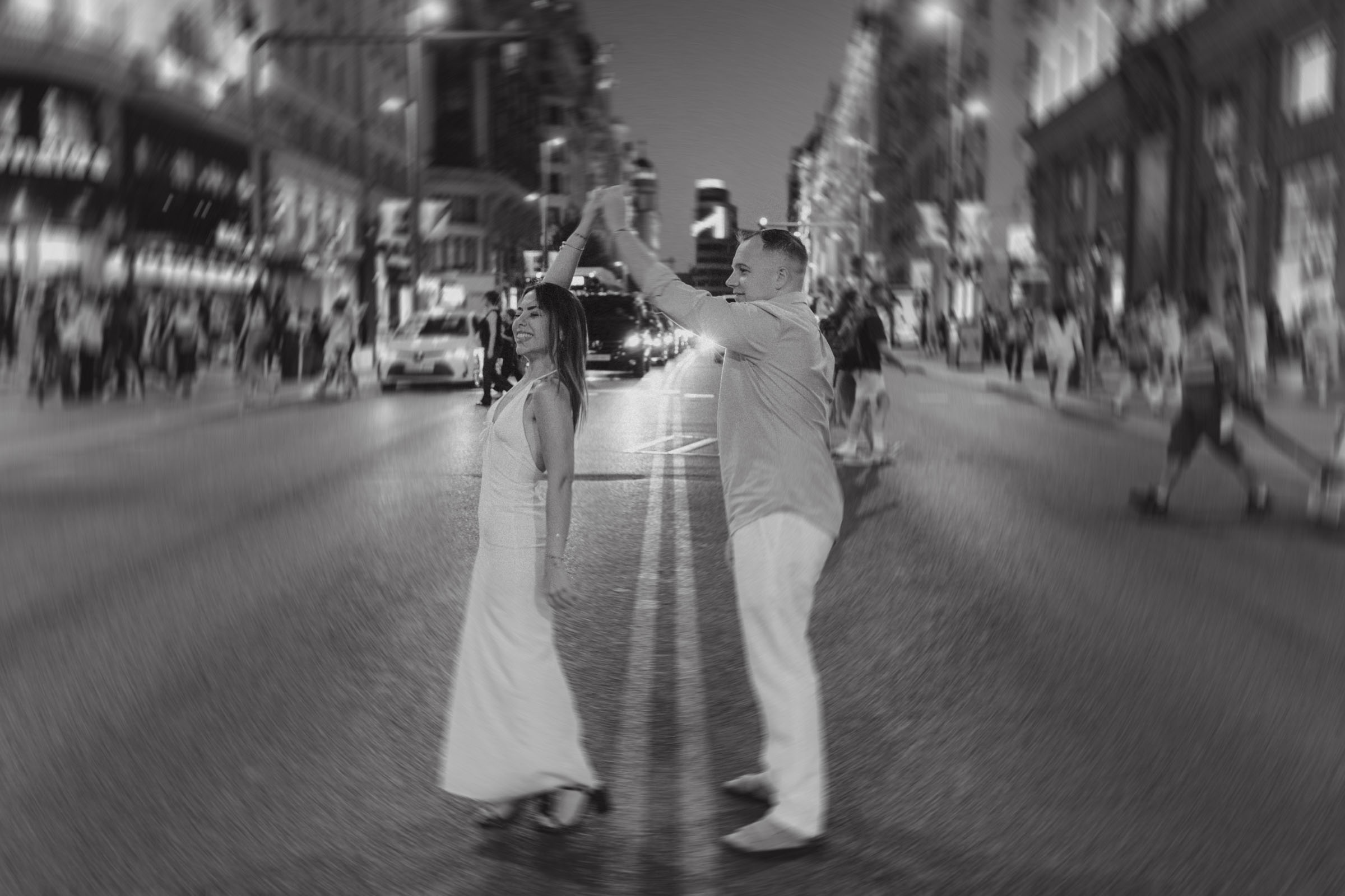 gran via streets at night engagement photoshoot