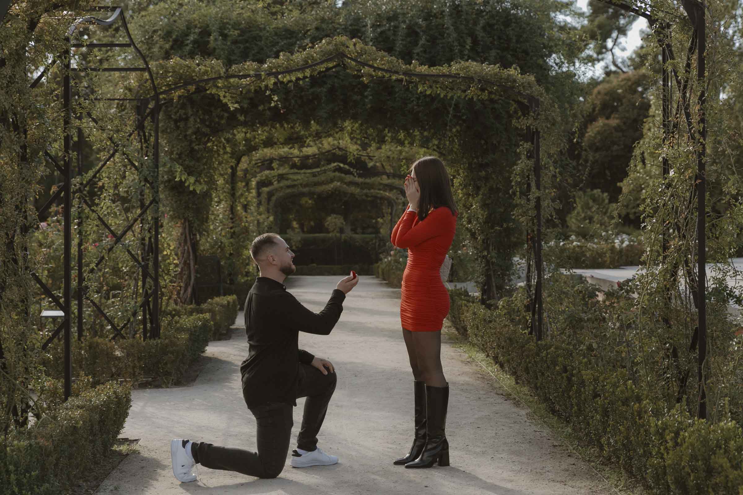 marriage proposal photos at rose garden in madrid