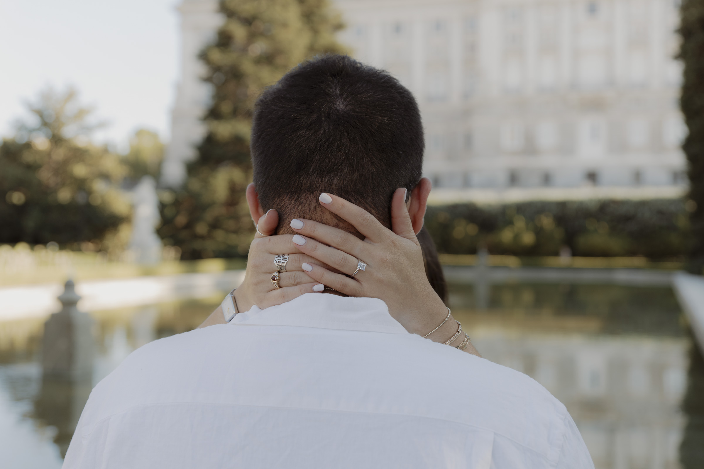Newly engaged couple celebrating in Sabatini Gardens