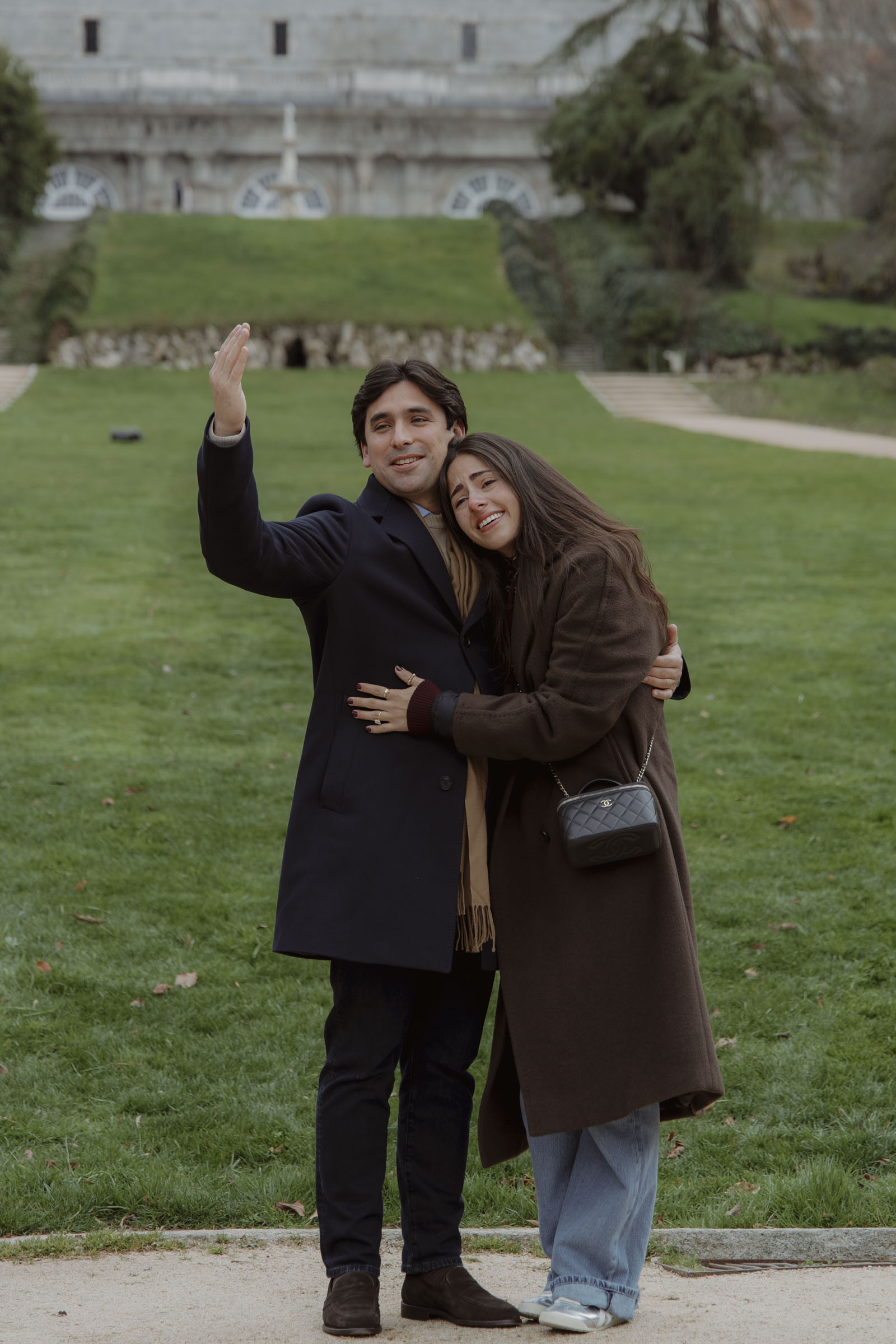 Campo del Moro engagement photos with Royal Palace view