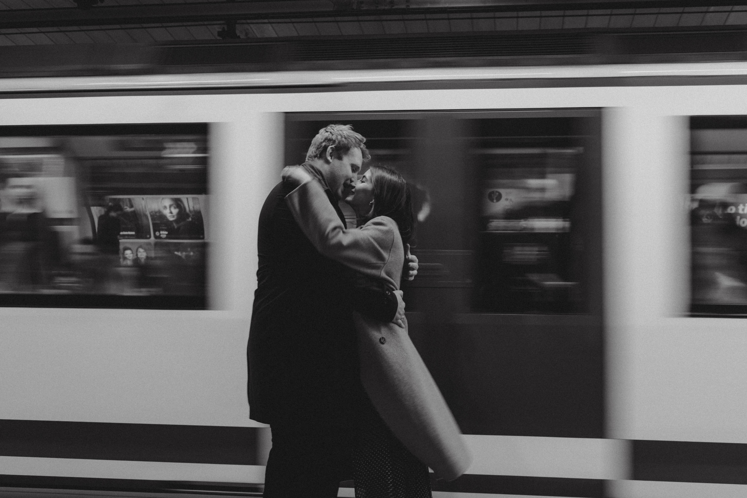 Romantic couple photo session at Madrid metro station