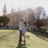 engagement photography in front of the prado museum in madrid spain