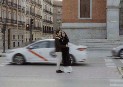 mexican couple doing their engagement photoshoot in the center of madrid
