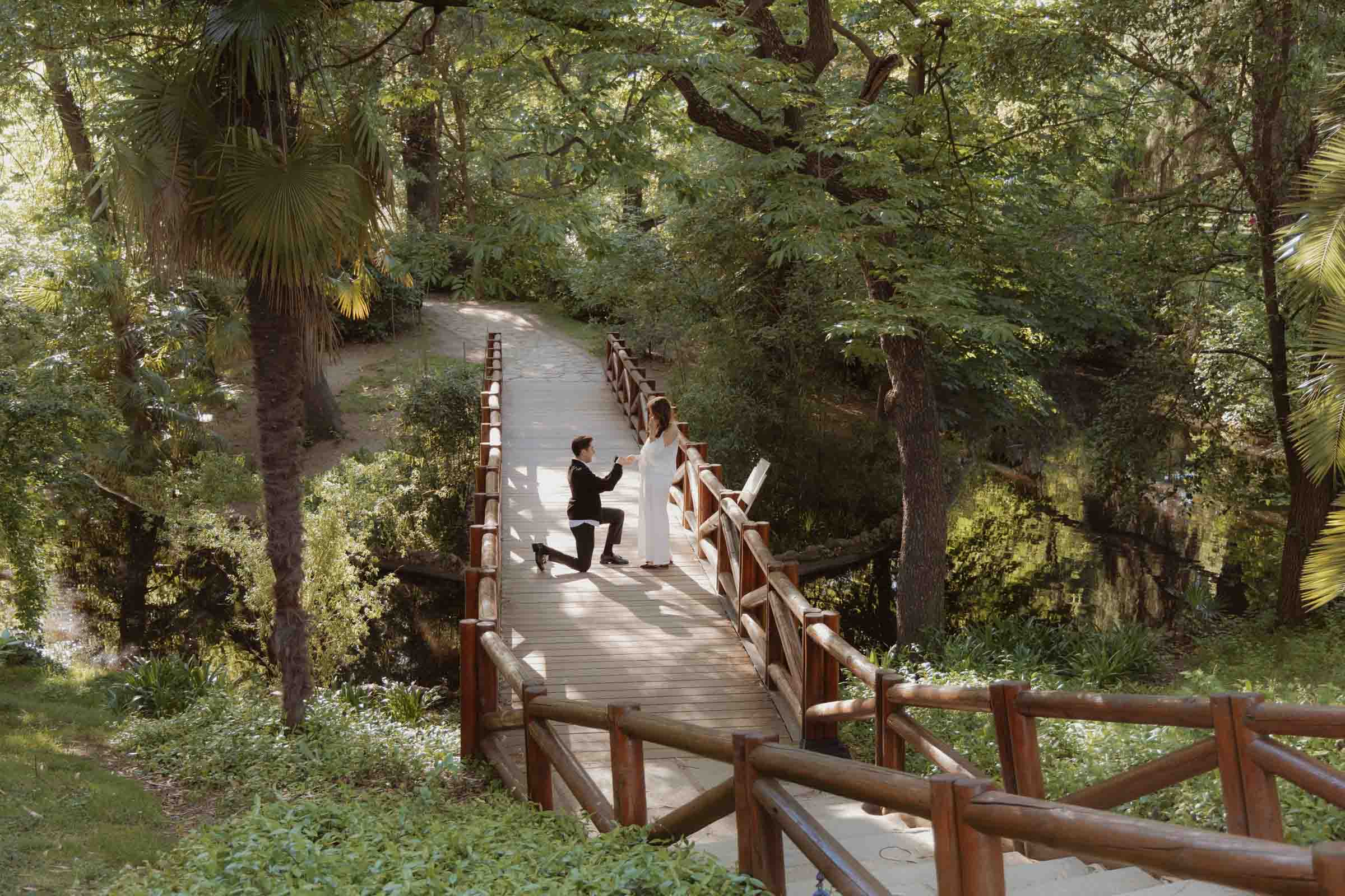 retiro park private and intimate surprise marriage proposal engagement with a photographer capturing it