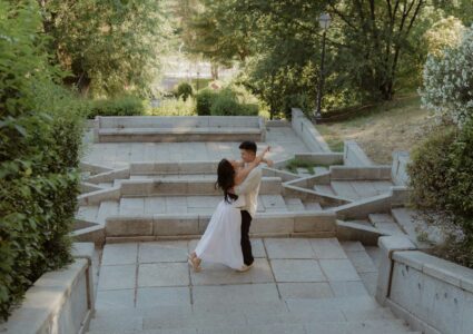 cinematic and film style couple engagement photoshoot in Madrid