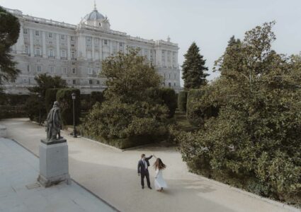 postwedding photoshoot in the center of madrid like the royal palace and retiro park